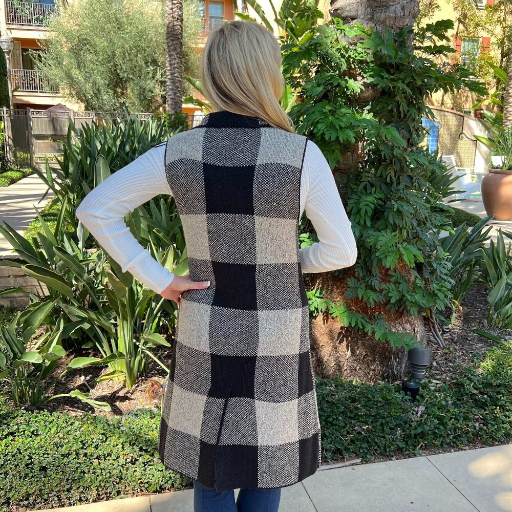 Open Front Plaid Long Cardigan Vest Heathered Black & Oatmeal With Pockets Small - Picture 4 of 5